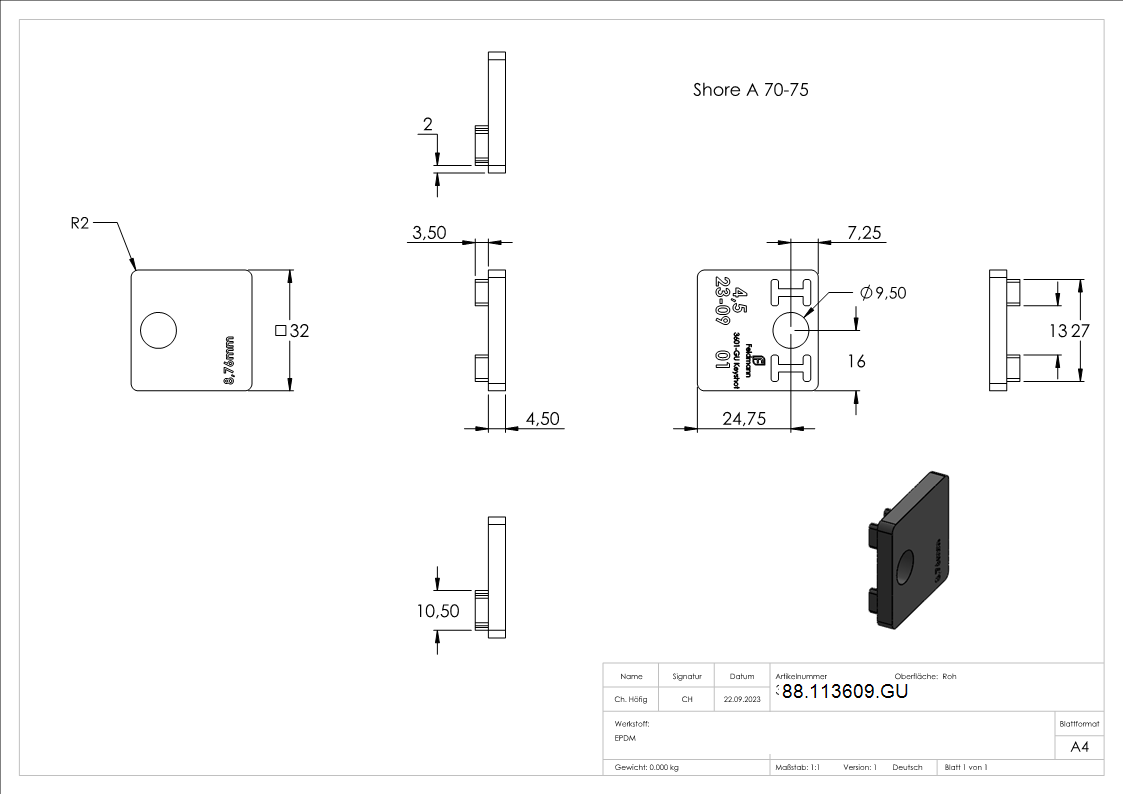 Gummieinlage fuer Glas 8-76 mm fuer Glasklemme Modell 36-88-113609.GU