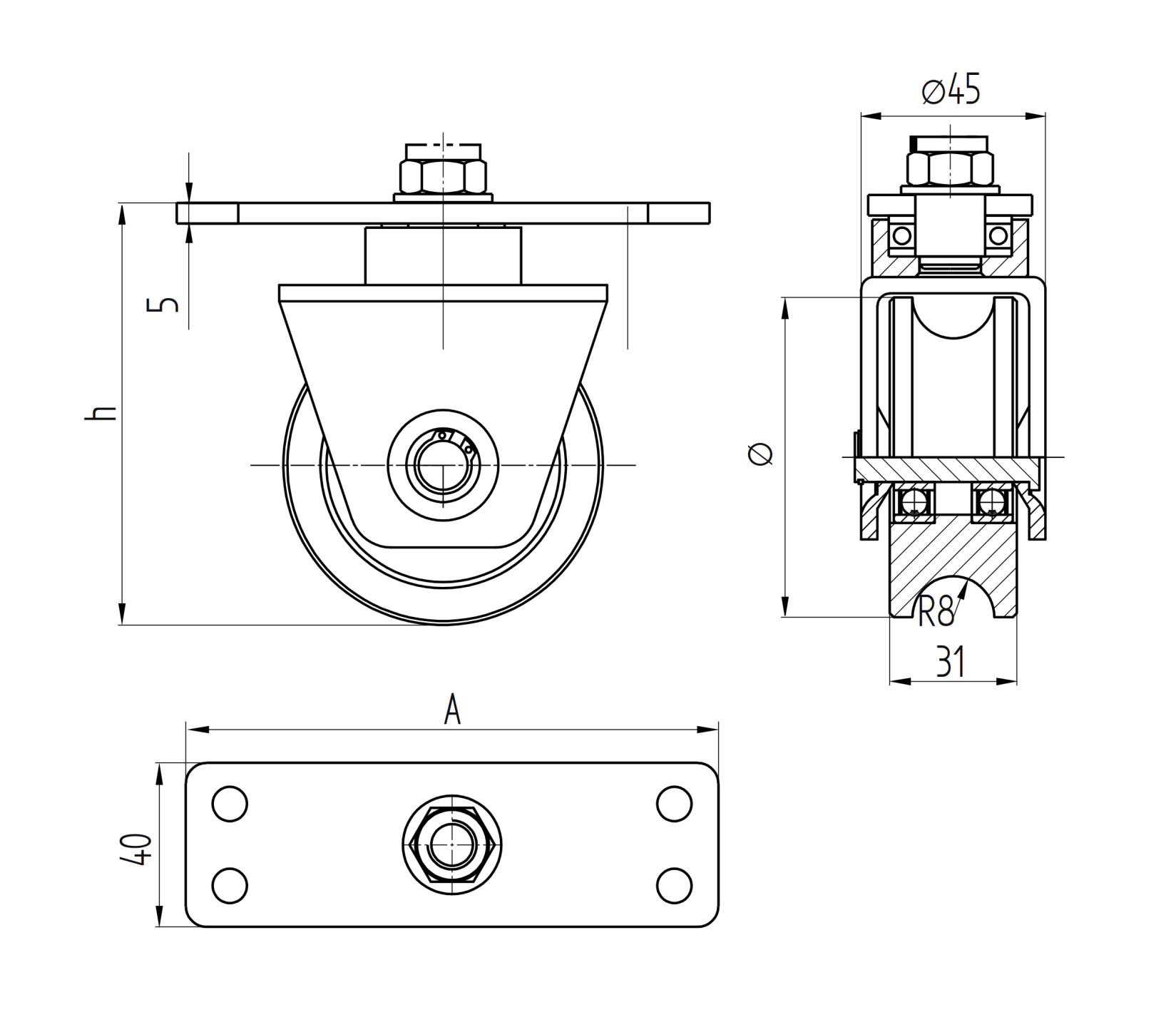 Laufrolle Stahl verzinkt  58 mm mit U-Rille drehbar mit Anschraubplatte-89-11H31U60PL-A.4