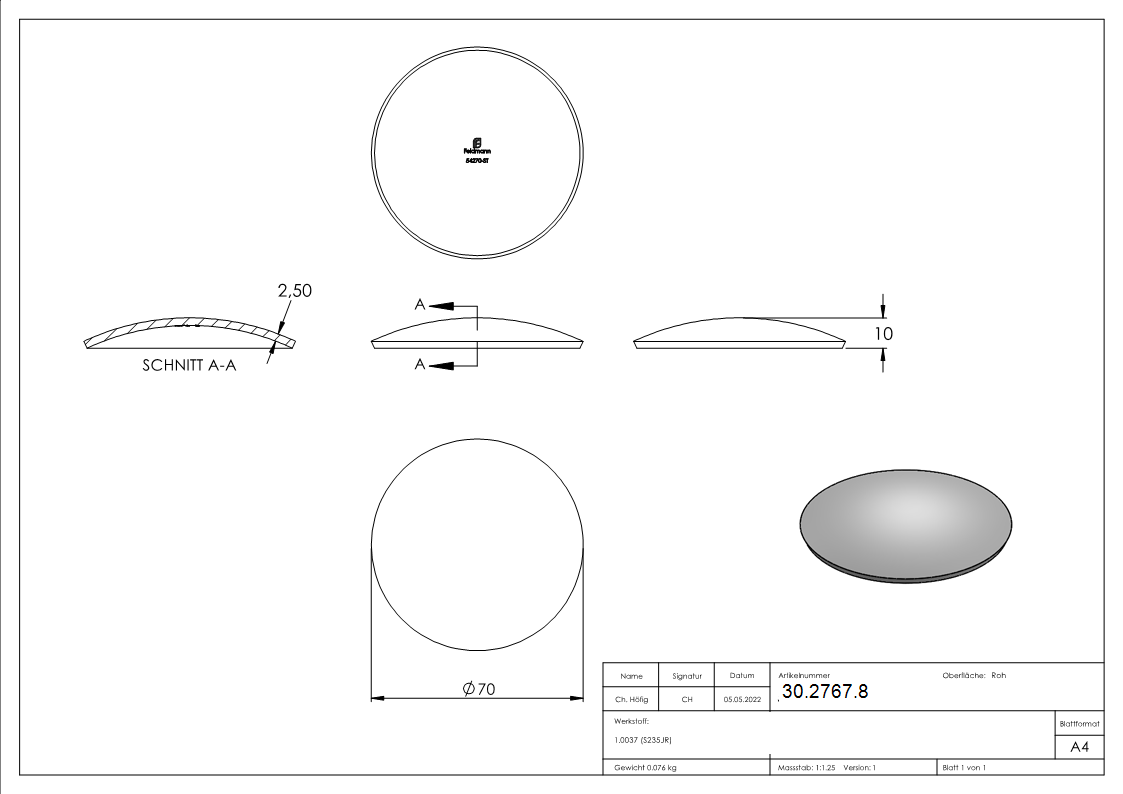 Kloepperboden Rohrabschluss Ø 70-0x2-5 mm Stahl roh Hoehe- 10 mm-30-2767.8
