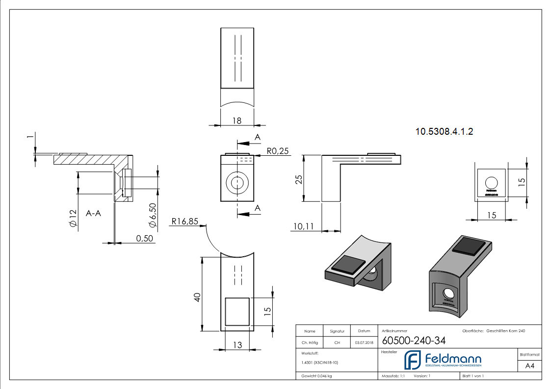 Halteboden fuer Glas Anschluss Ø 33-7 mm - Edelstahl V2A-10-5308-4-1.2