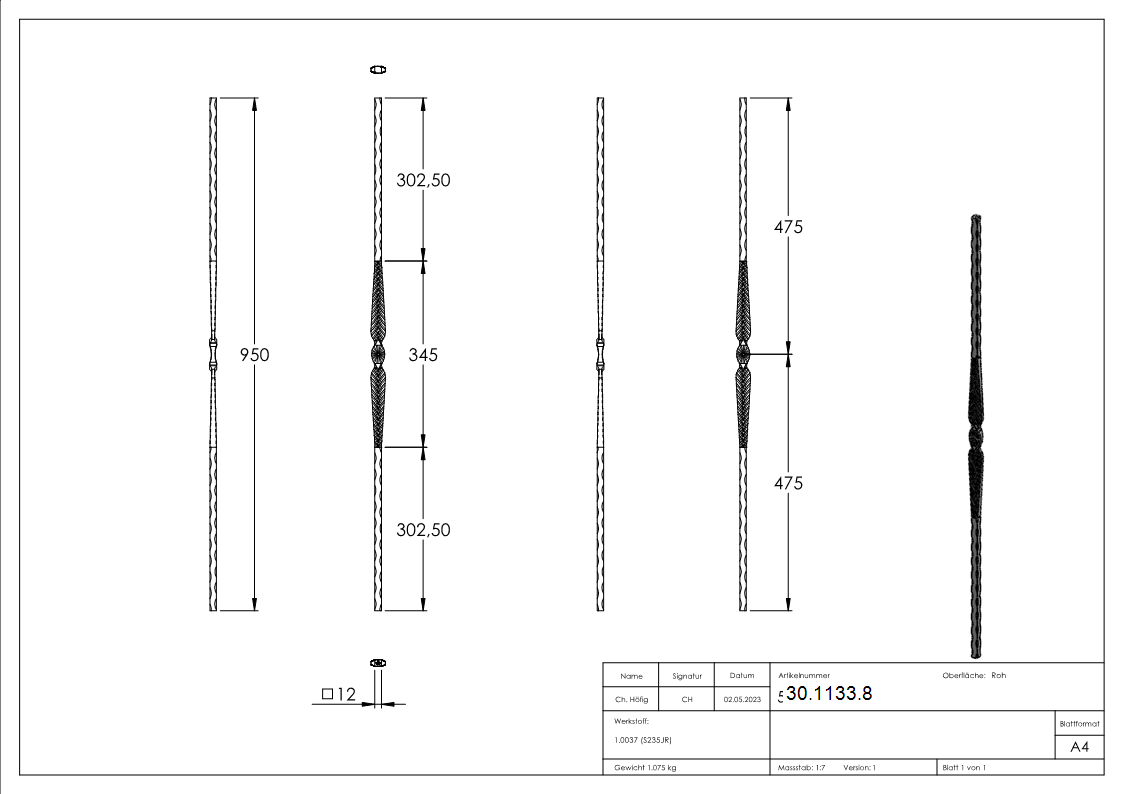 Zierstab - Laenge- 900 mm - Material- 12x12 mm geschmiedet - Stahl S235JR- roh-30-1133.8