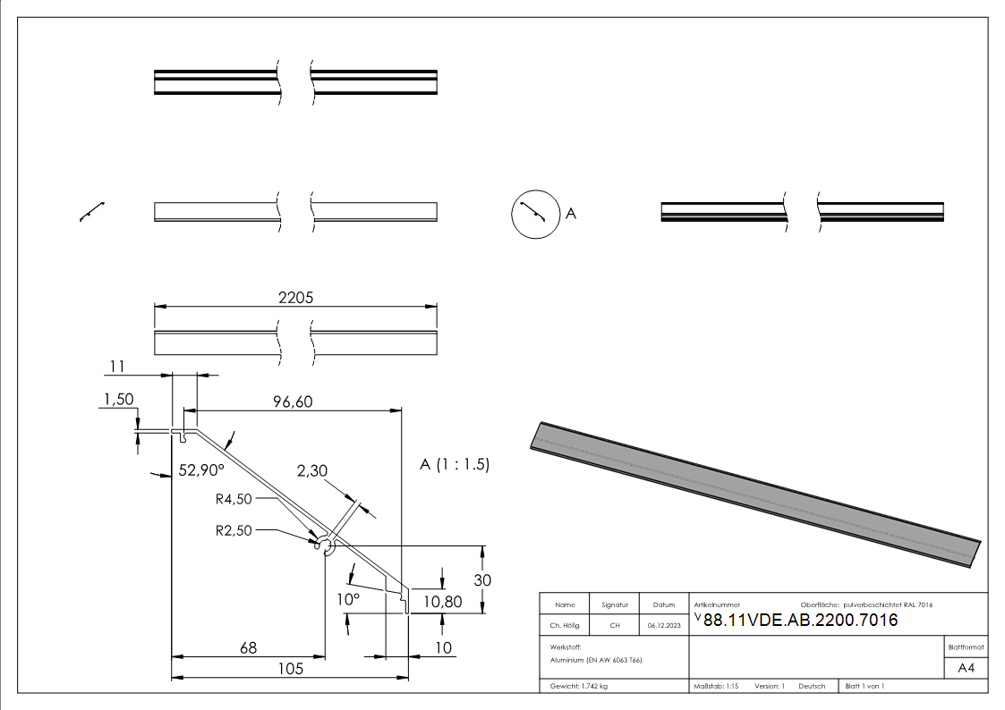 Design-Abdeckung fuer eleganza canopy- L- 2205mm- RAL7016-88-11VDE-AB-2200.7016