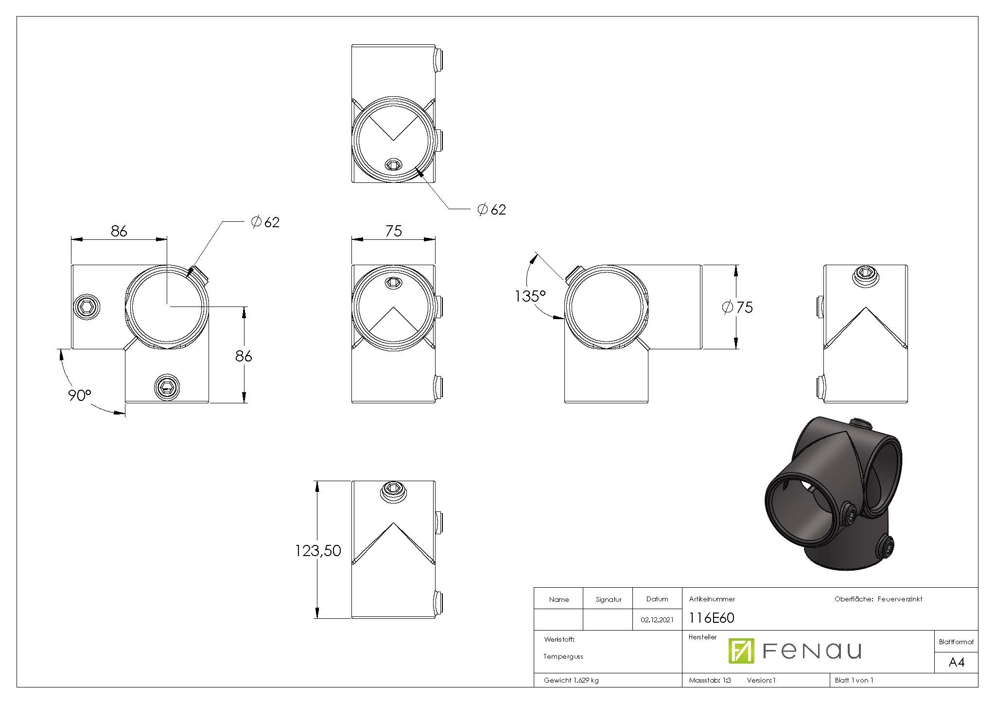 Rohrverbinder - Eckstueck durchgehend - 116E60 - 60-3 mm - 2- - Feuerverzinkt u. Elektrogalvanisiert-116E60