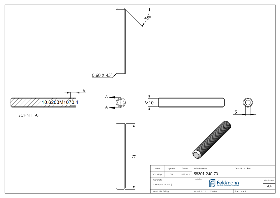 Gewindestift M10 x 70 mm- V2A-10-6203M1070.4