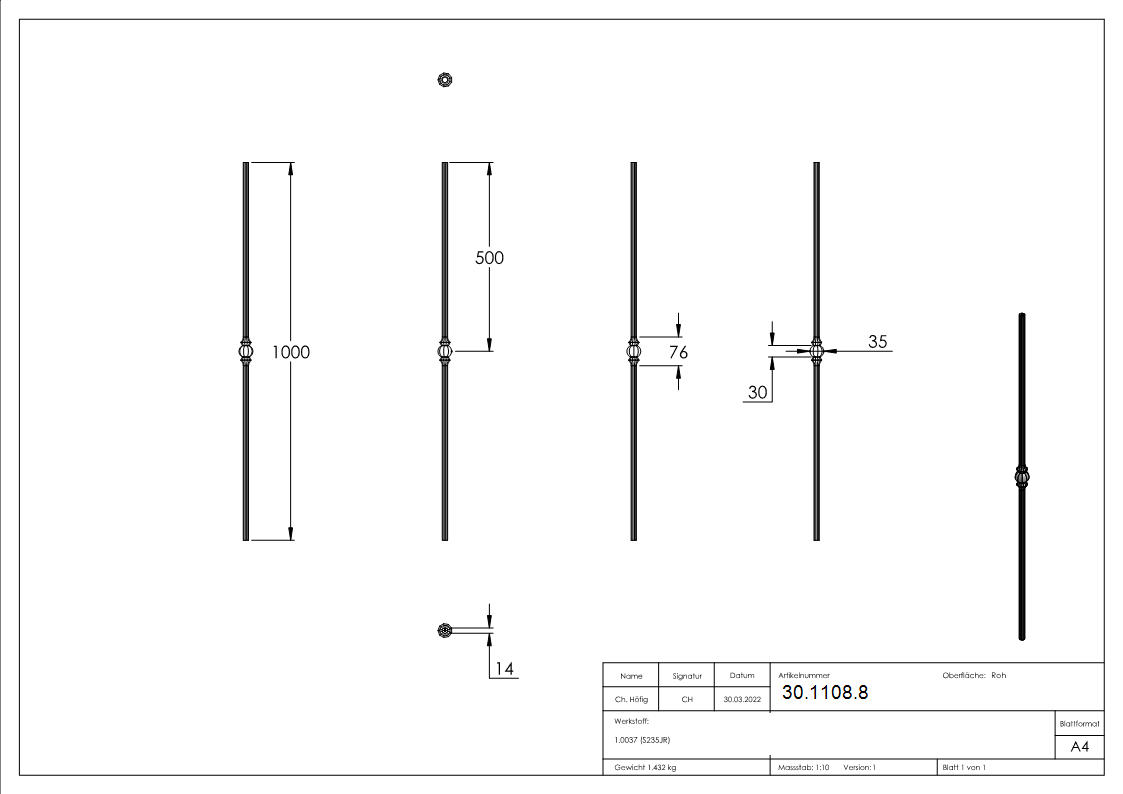 Zwischenstab - Laenge- 900 mm - Material- 14 mm - rund- gehaemmert - Stahl S235JR- roh-30-1108.8