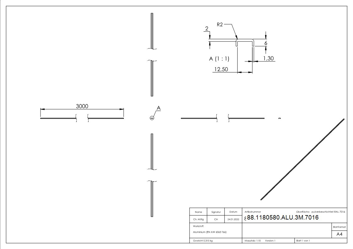 Kantenschutz EXTRA SLIM- fuer Glas 10-00 - 11-52mm- L=3m- Aluminium RAL 7016-88-1180580-ALU-3M.7016