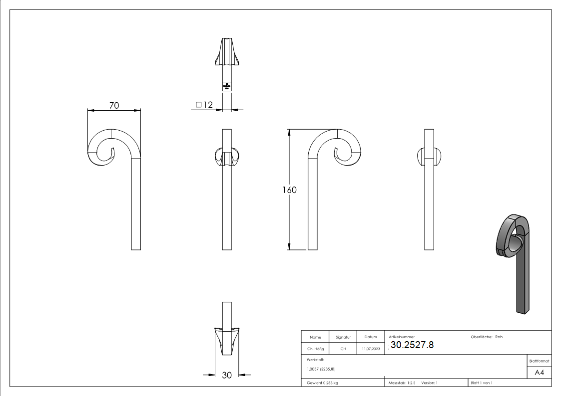 Zaunspitze - Hoehe- 160 mm - Material- 12x12 mm - Stahl S235JR- roh-30-2527.8