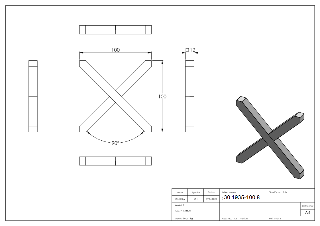 Kreuz - Material- 12x12 mm - Masse- 100x100 mm - Stahl S235JR- roh-30-1935-100.8