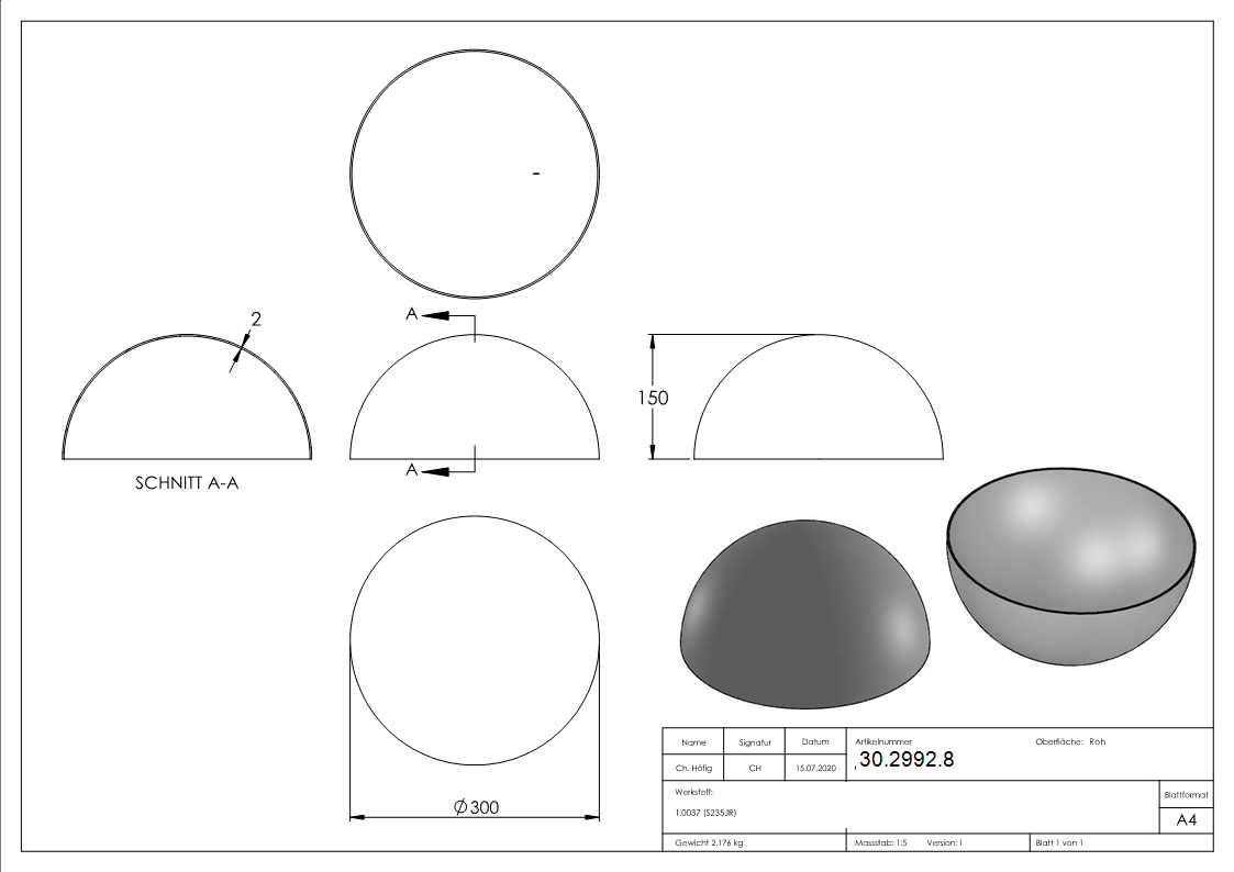 Halbhohlkugel Ø 300 mm - glatt - Stahl S235JR- roh-30-2992.8