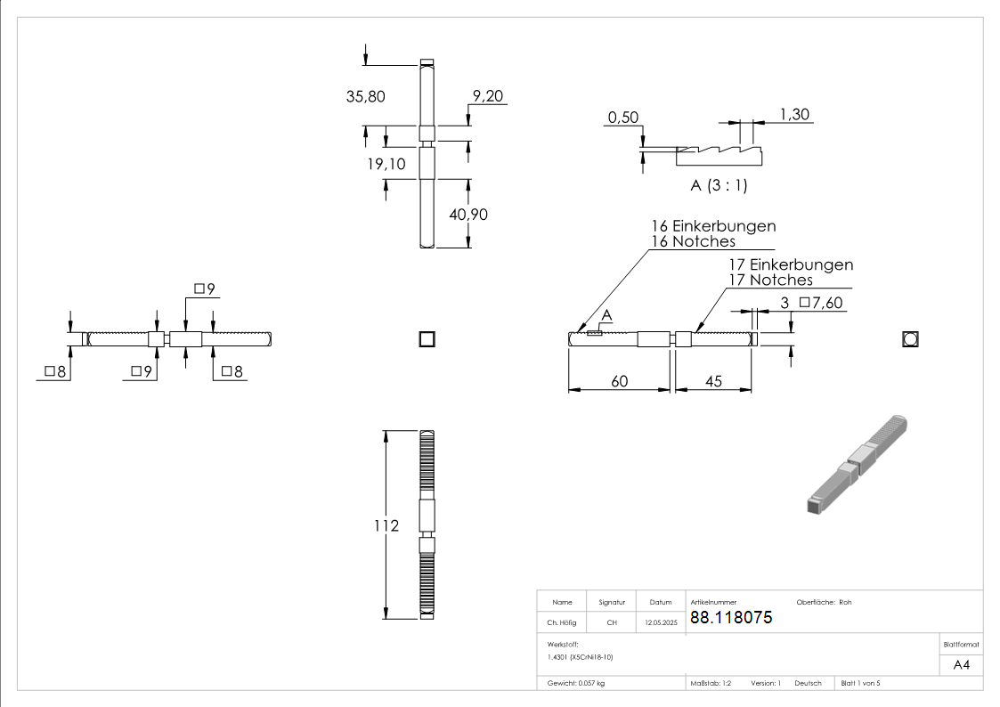 Drueckerstift Edelstahl V2A 8x8 mm auf 9x9 mm L = 105 mm geteilt fuer Anti-Panikschloss-88.118075