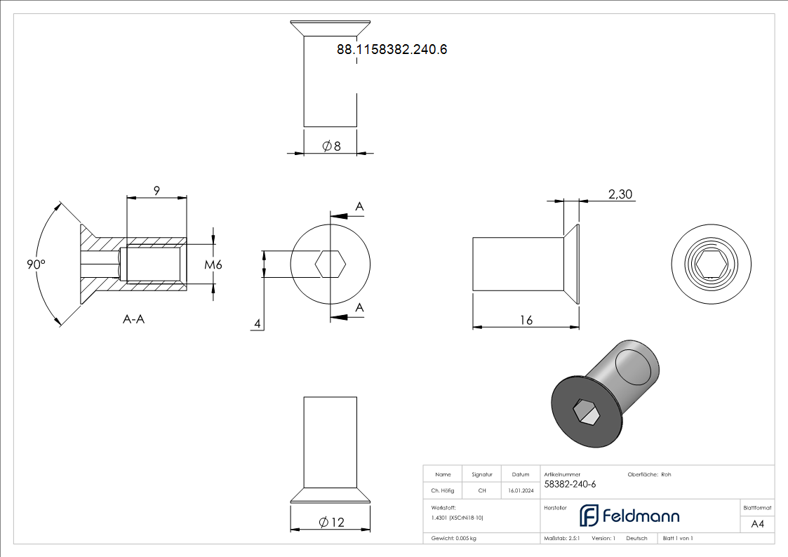 Huelsenmutter Edelstahl V2A M6x16 Senkkopf ISK-88-1158382-240.6