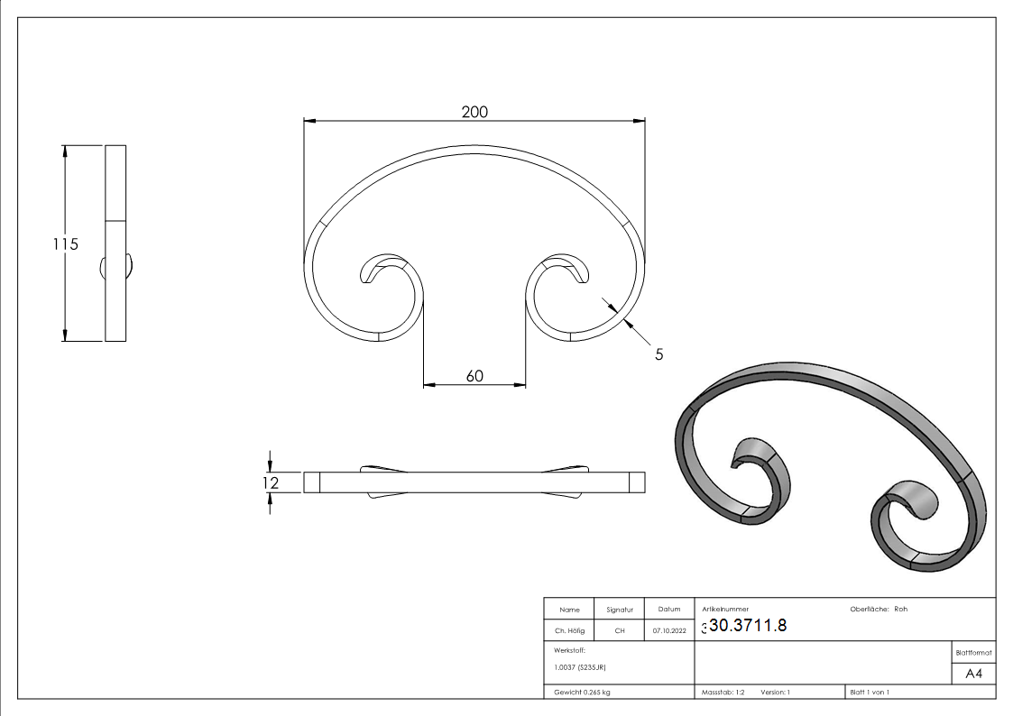 C-Schnecke - Masse- 115x200 mm - Material- 12x5 mm - Stahl S235JR- roh-30-3711.8