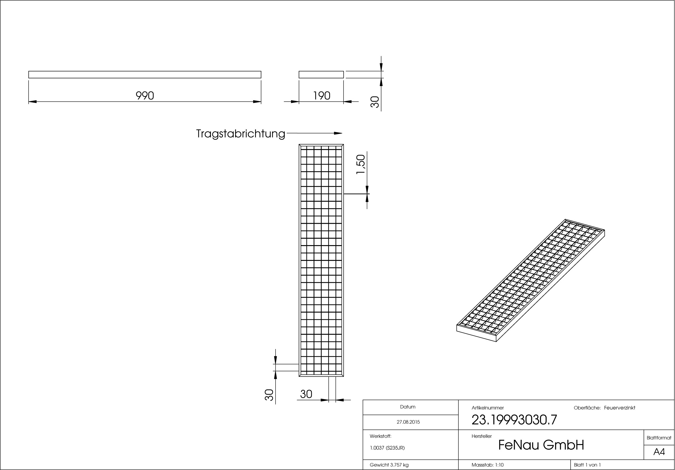 Garagen-Gitterrost - Masse-  190x990x30 mm 30-30 mm - aus S235JR -St37-2- im Vollbad feuerverzinkt-23-19993030.7
