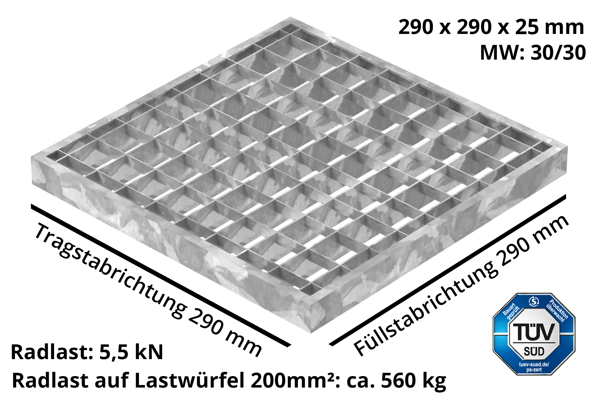 Garagen-Gitterrost - Masse-  290x290x25 mm 30-30 mm - aus S235JR -St37-2- im Vollbad feuerverzinkt-23-29293025.7