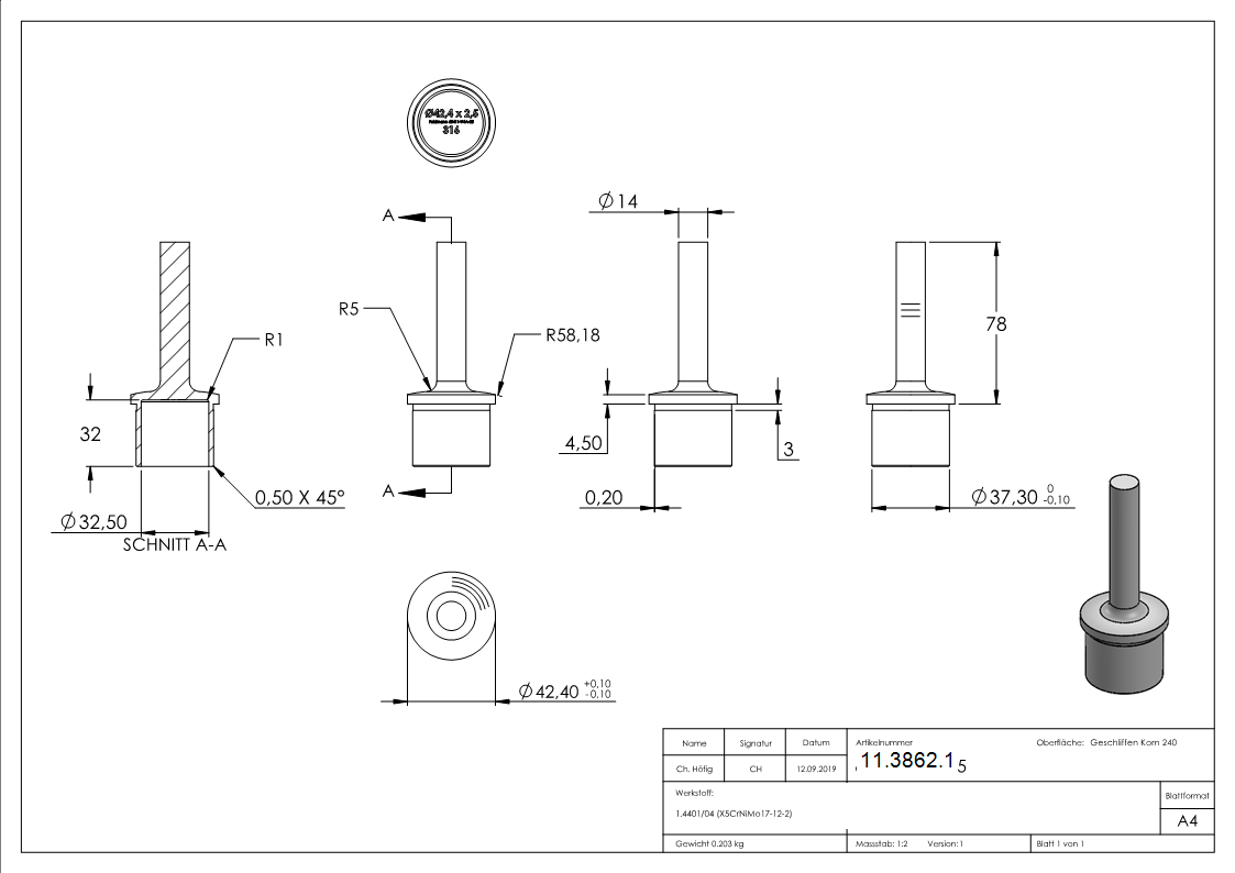 Handlaufstuetze aus einem Stueck fuer  42-4x2-6 mm V4A-11-3862.1