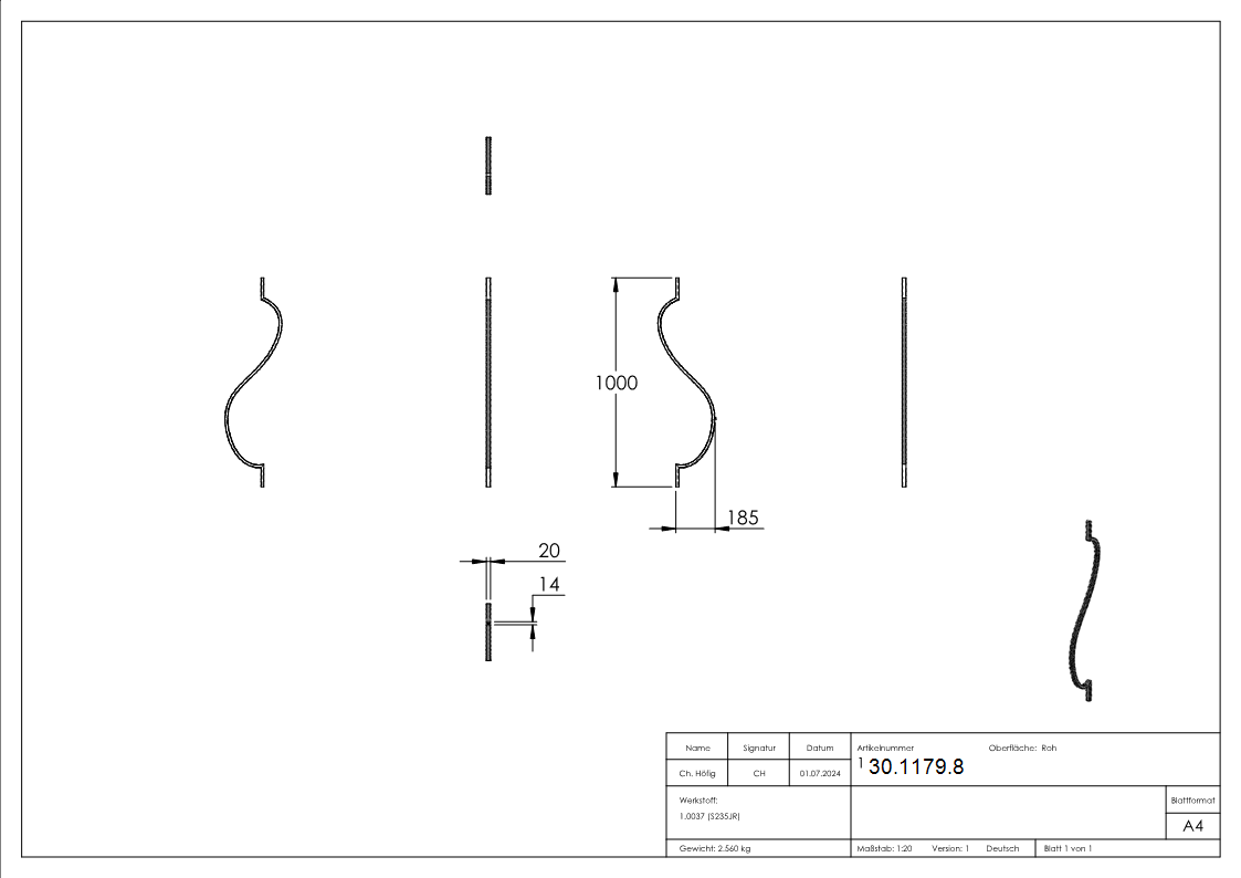 Bauchstab - Laenge- 1000 mm - Material- 20x12 mm - Stahl S235JR- roh-30-1179.8