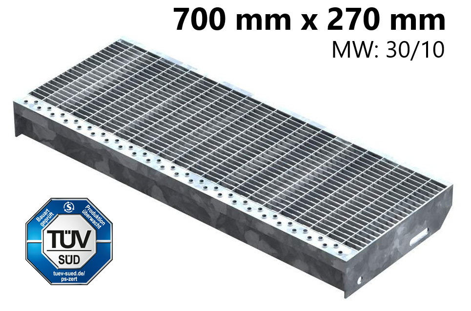 Gitterroststufe Treppenstufe Masse- 700x270 mm 30-10 mm S235JR -St37-2- im Vollbad feuerverzinkt-40-702731.7