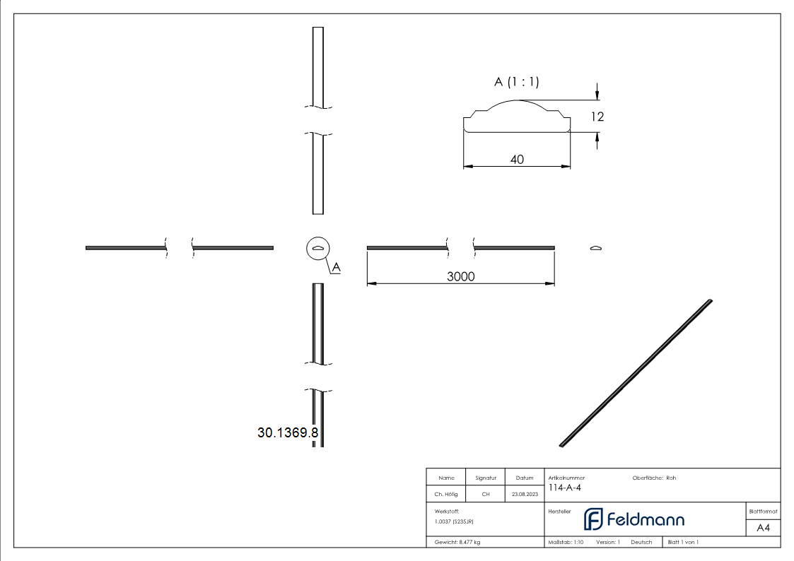 Handlauf 40x12 mm halbrund 3000mm Stahl S235JR roh-30-1369.8