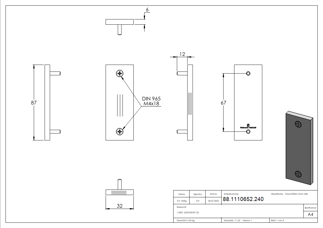 Kurzschild blind Edelstahl V2A 32 x 87 x 6 mm geschliffen Korn 240-88-1110652.240
