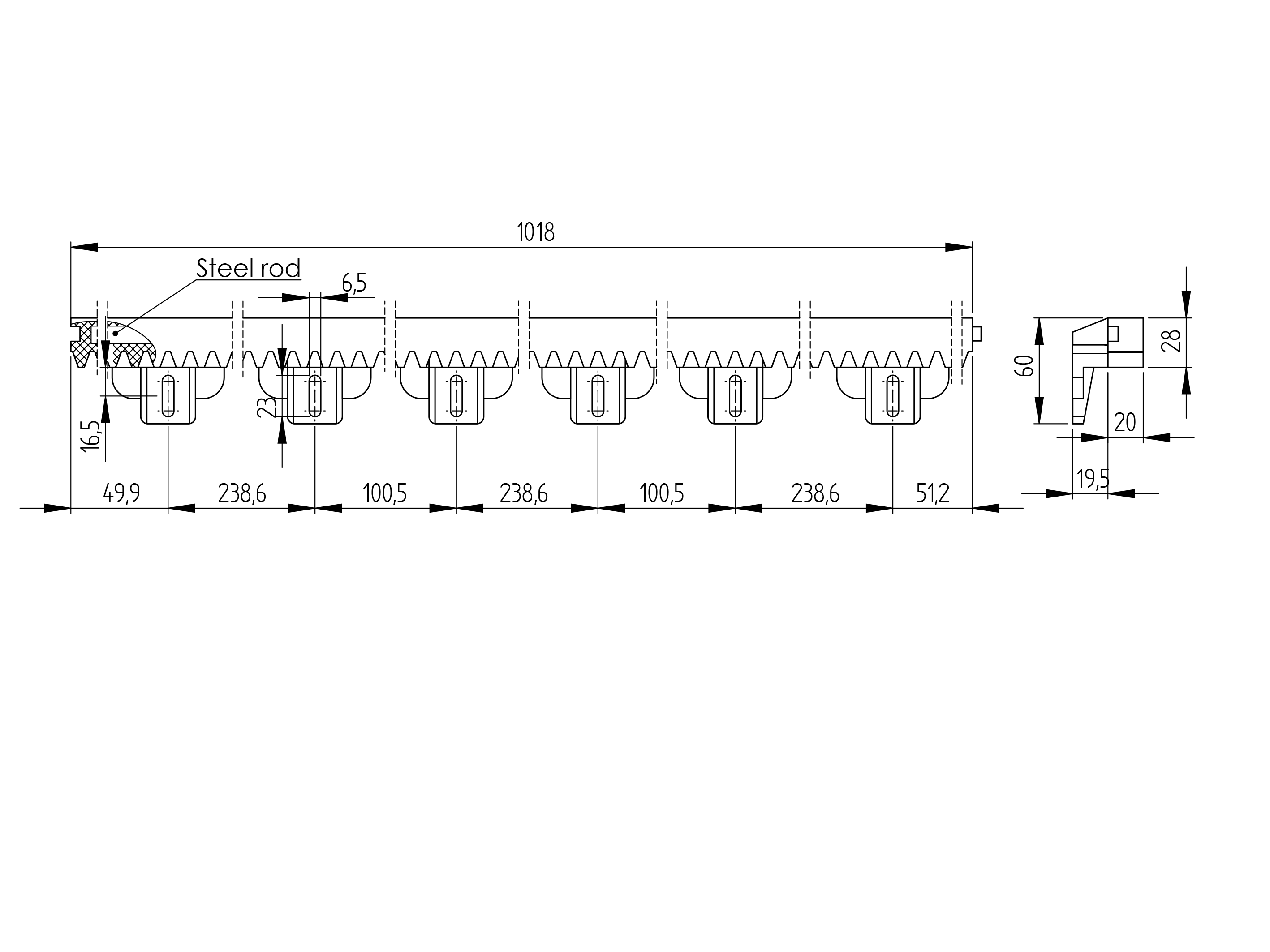 Zahnstange mit Stahlkern Kunststoff 27 x 20 mm Modul 4 bis 1200 kg-89-11H01PVCSBS-A.4