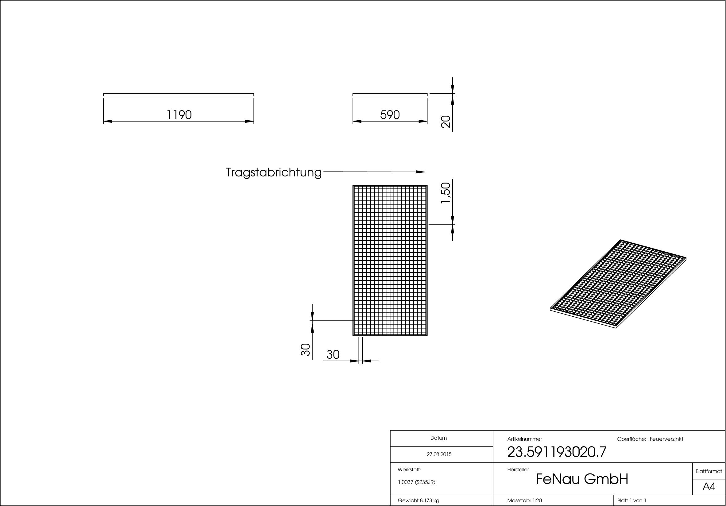 Lichtschachtrost Baunormrost - Masse-  590x1190x20 mm 30-30 mm - aus S235JR -St37-2- im Vollbad feuerverzinkt-23-591193020.7