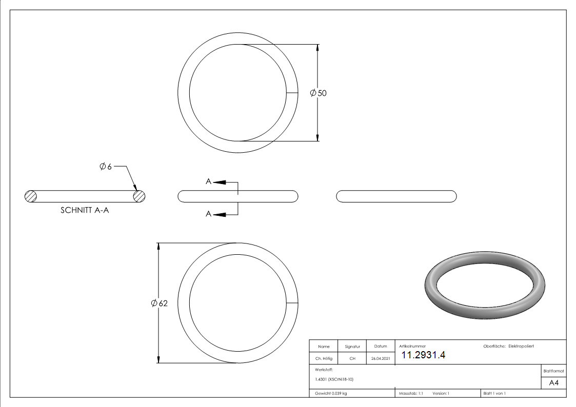 Ring - Aussen-Ø- 62 mm - Materialstaerke- 6 mm - V2A-11-2931.4