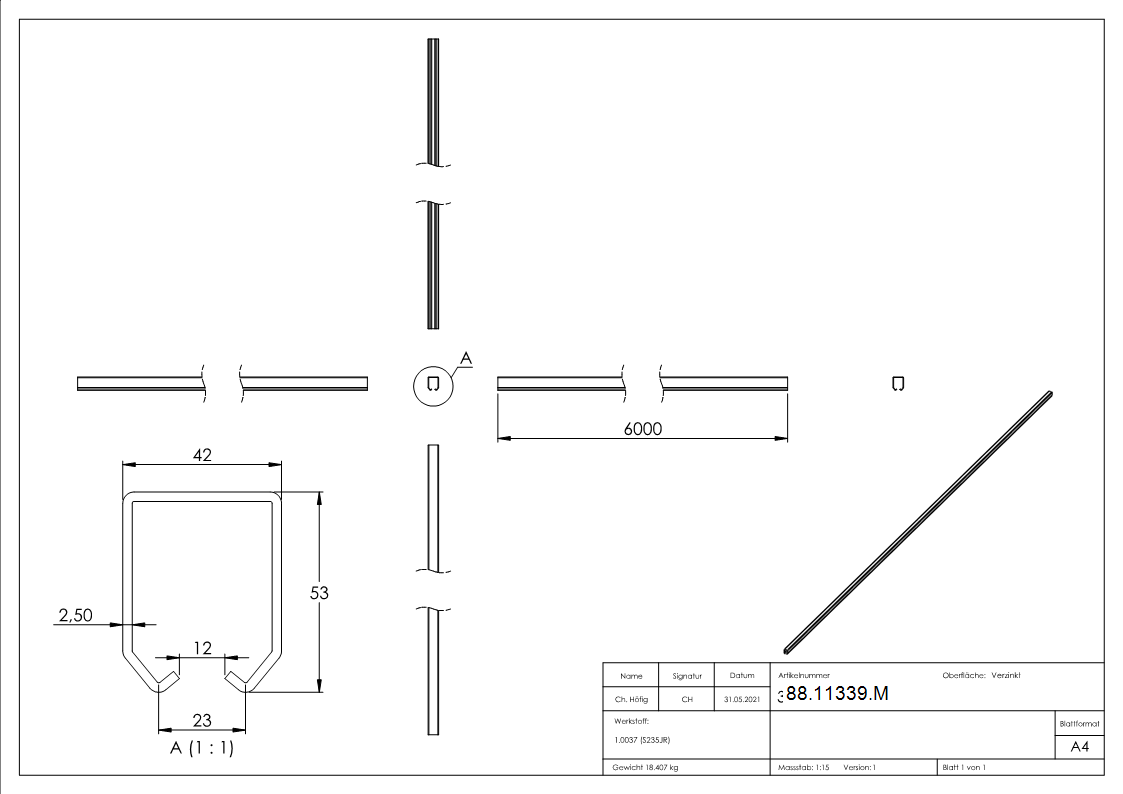 Haengetor-Laufschiene Stahl verzinkt L 6000 mm gross-88-11339.M
