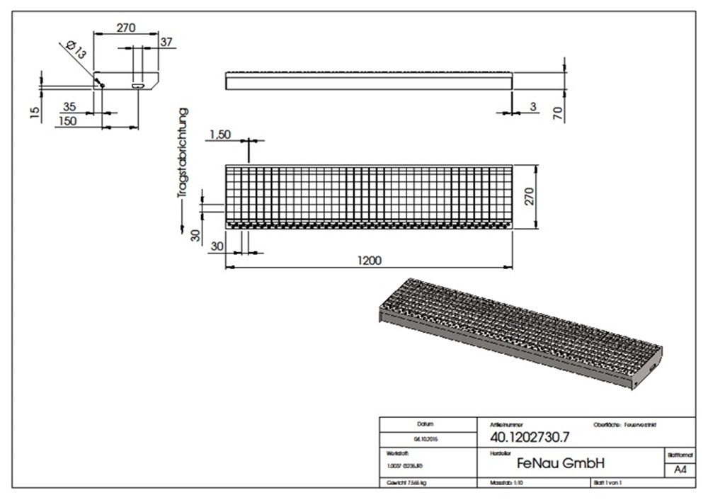 Gitterroststufe Treppenstufe Masse- 1200x270 mm 30-30 mm S235JR -St37-2- im Vollbad feuerverzinkt-40-1202730.7