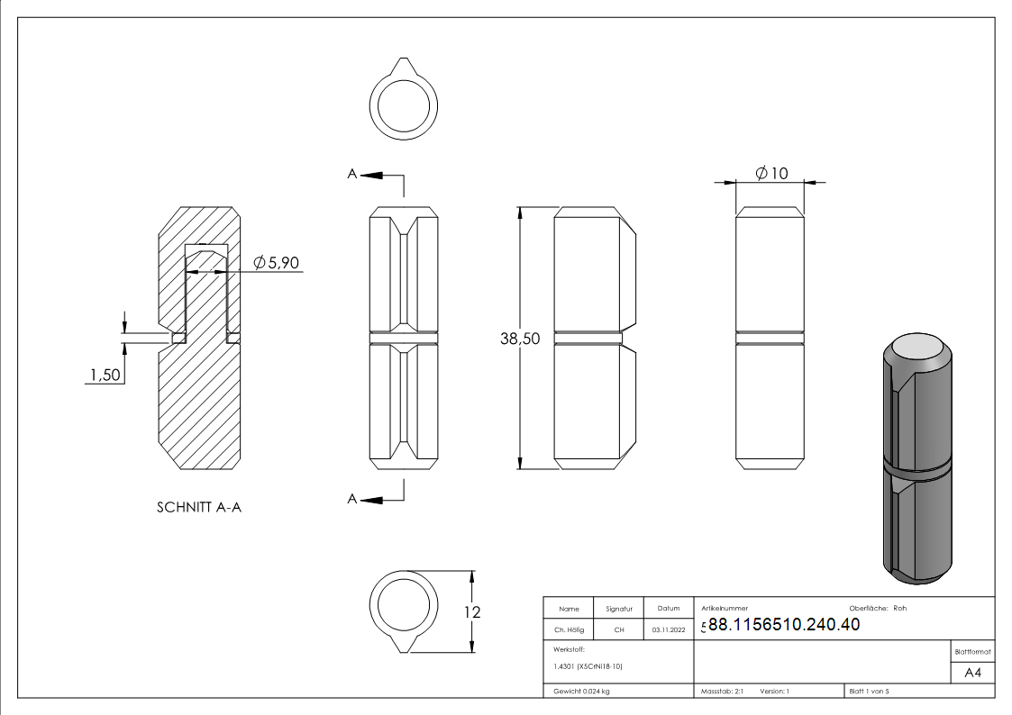 Anschweissband Edelstahl V2A L- 40 mm- Aussen-Ø 10 mm- Bolzen-Ø 6 mm mit festem Stift-88-1156510-240.40