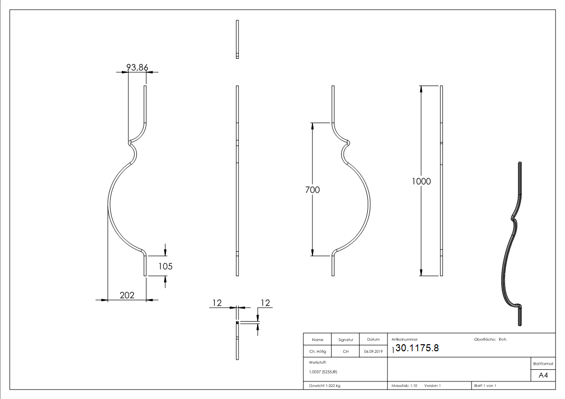 Bauchstab - Laenge- 1000 mm - Material- 12x12 mm - Stahl S235JR- roh-30-1175.8