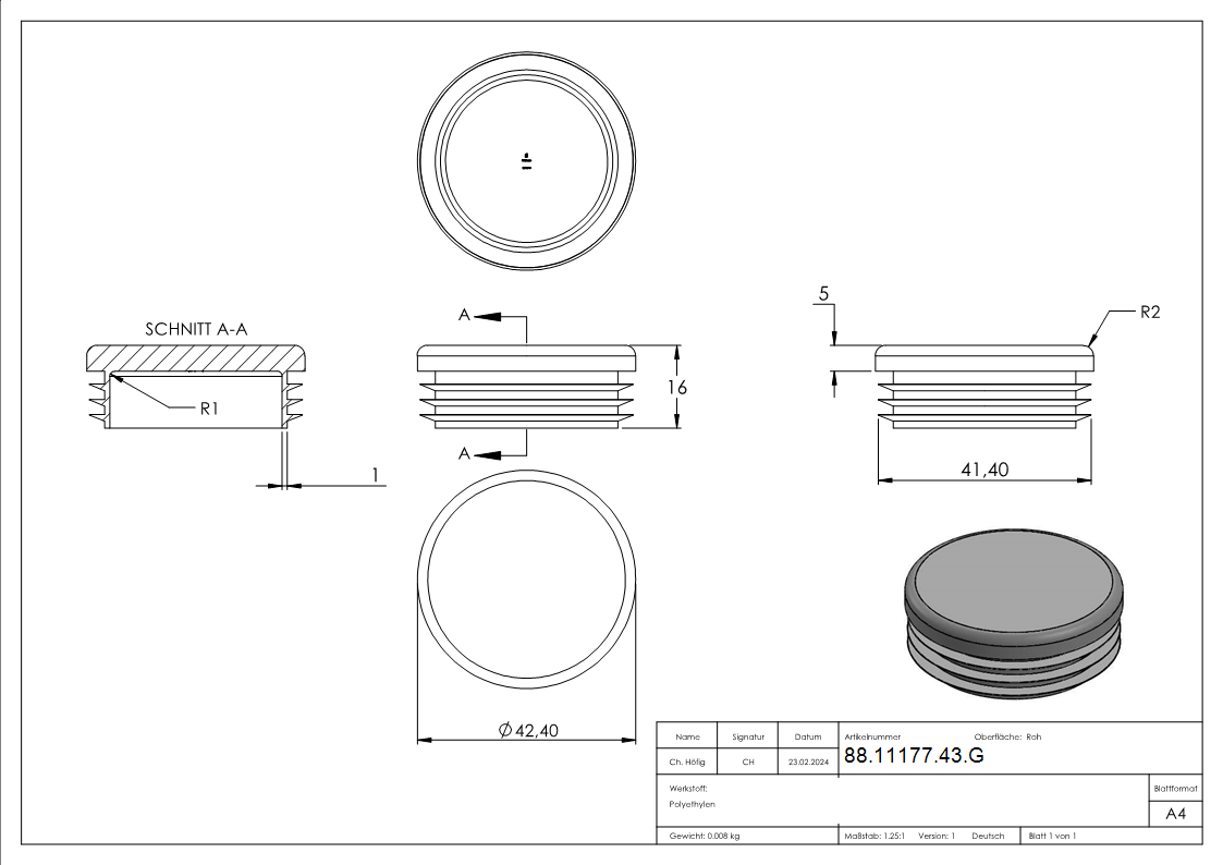 Einsteckkappe Kunststoff fuer Rohr Ø 42-4 mm- Wandstaerke 1-0–2-0 mm- grau-88-11177-43.G