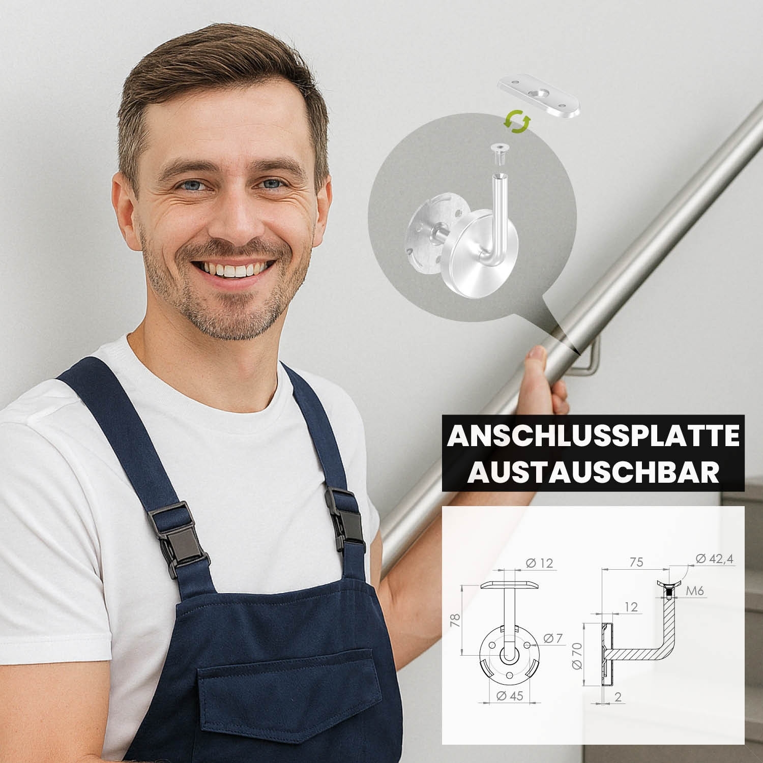 Wandhandlaufhalter V2A fuer D42-4 mm geschliffen mit Rosette-11-2081-A.4