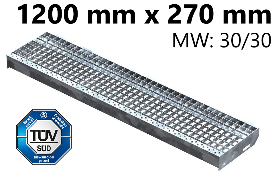 Gitterroststufe Treppenstufe Masse- 1200x270 mm 30-30 mm S235JR -St37-2- im Vollbad feuerverzinkt-40-1202730.7