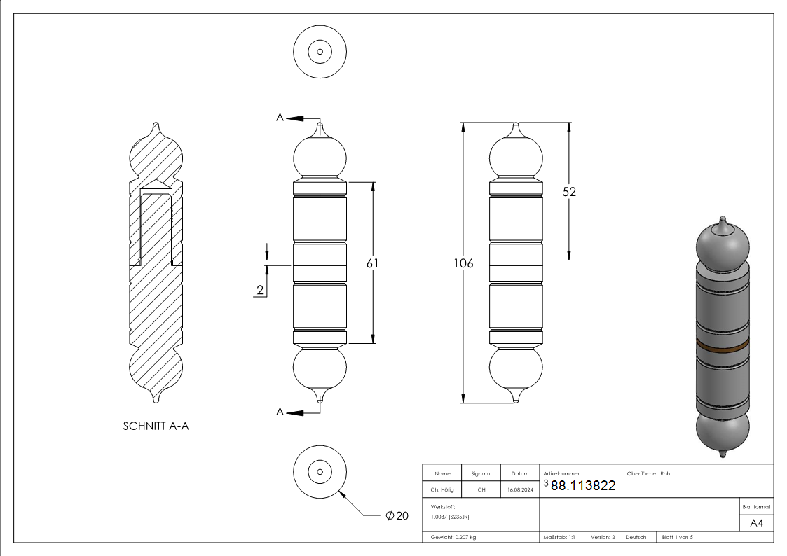 Zierscharnier Stahl 20 mm Ø Dorn 11 mm glatt-88.113822
