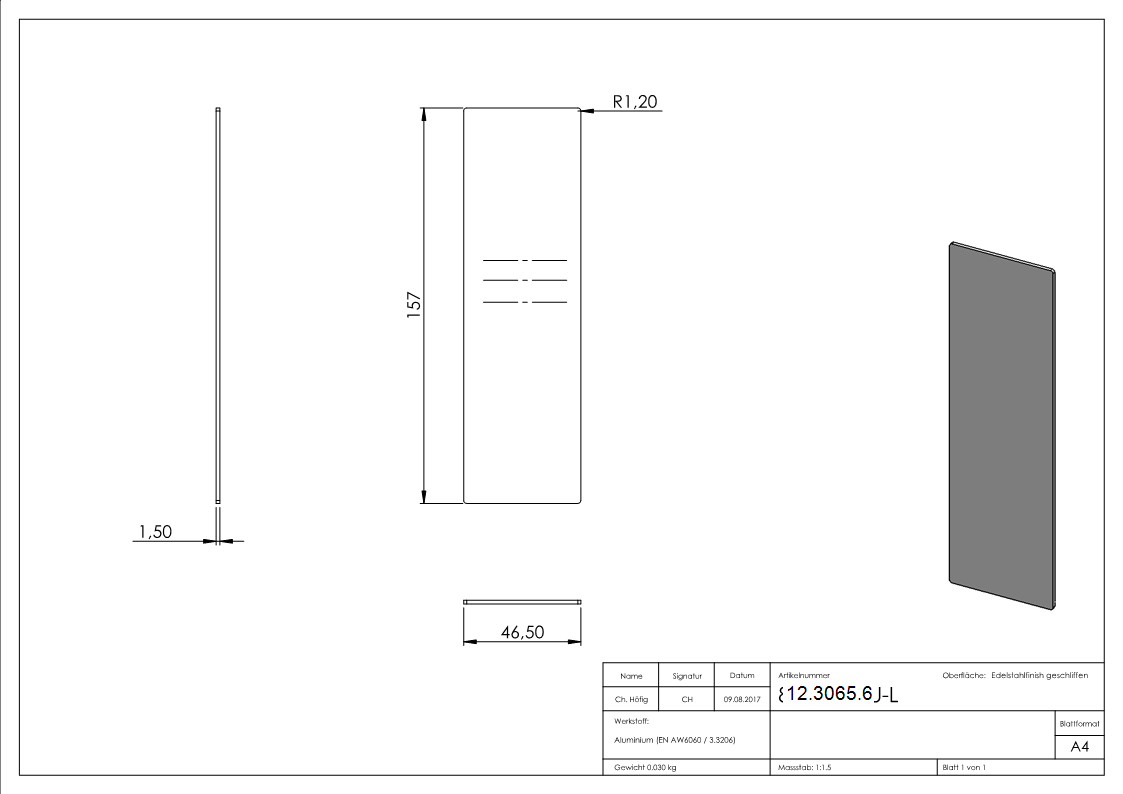 Endkappe - fuer Ganzglasgelaender - fuer Schraege bis 41° - Masse- 157x46-5x1-5 mm - Aluminium-12-3065.6