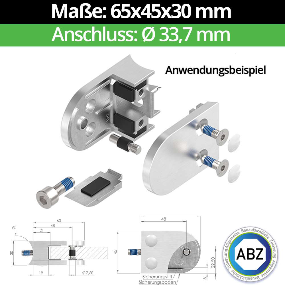 Glasklemme AbZ 63x45x30 mm Flach - Ø 33-7 mm - Ø 42-4 mm - Ø 48-3 mm - 60-3 mm-10-MODELL38-33-9-1.1