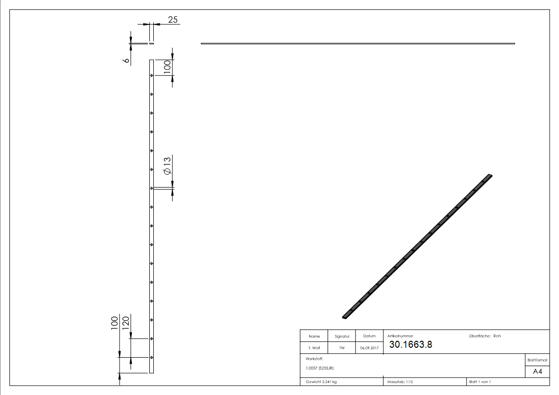 Flacheisen gelocht Laenge- 2000 mm 16 Lochungen Stahl -Roh- S235JR-30-1663.8