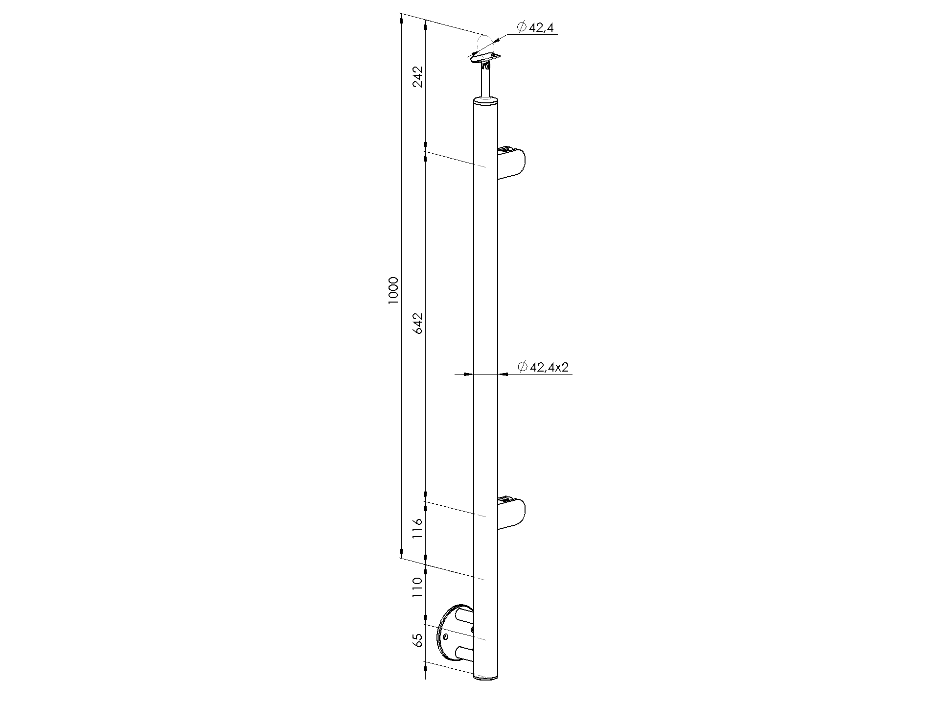 Endpfosten Edelstahl AISI 304- H1000mm D42-4mm- seitlich rechts- 2 Glasklemmen-89-11ABR1002GR250P-A.4