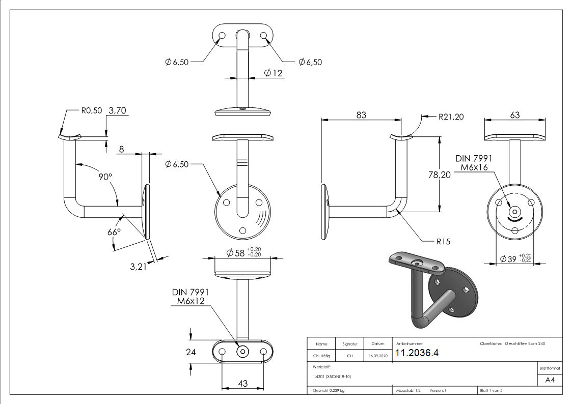 Handlaufhalter mit Ronde 58x4 mm und Halteplatte fuer Ø 42-4 mm V2A-11-2036.4