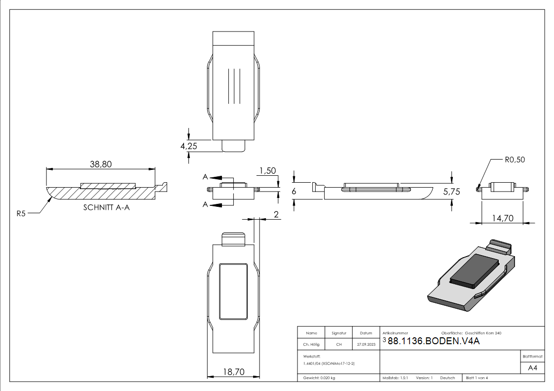 Sicherungsplatte Edelstahl V4A fuer Glasklemme Modell 36-88-1136-BODEN.V4A
