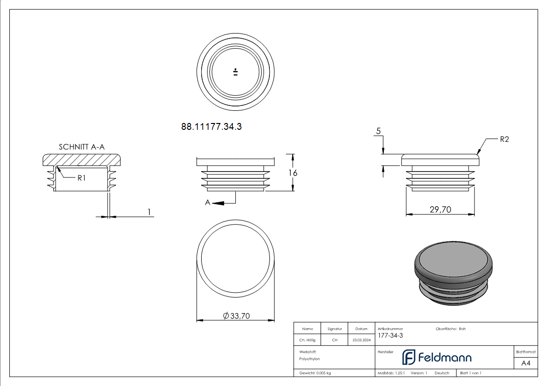 Kunststoffkappe fuer Rundrohr 33-7mm-88-11177-34.3