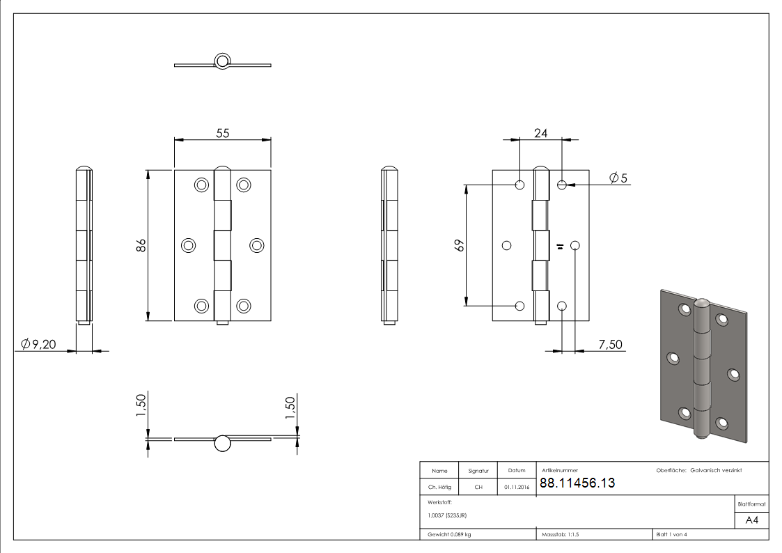 Scharnier Stahl verzinkt 86 x 55 mm mit herausnehmbarem Zapfen-88-11456.13