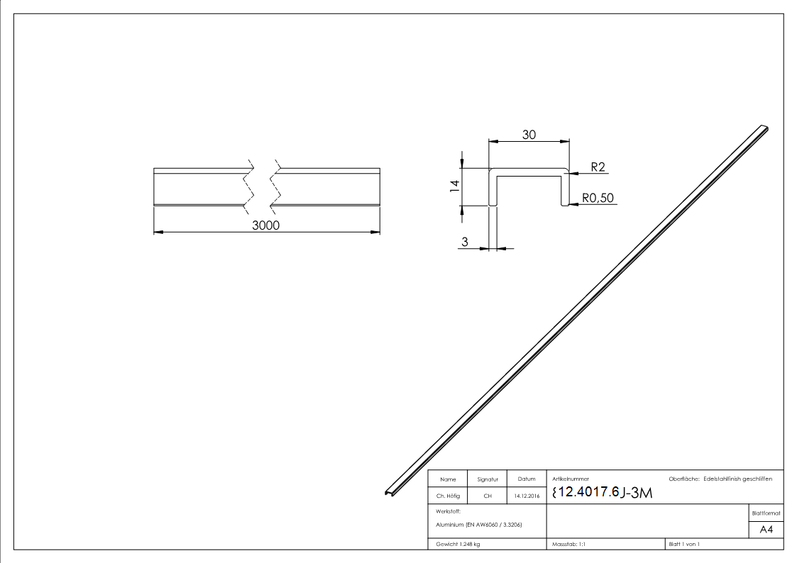 Kantenschutz - Masse- 30x14x3 mm - Laenge- 3000 mm - Aluminium elox- E4-EV1-12-4017.6