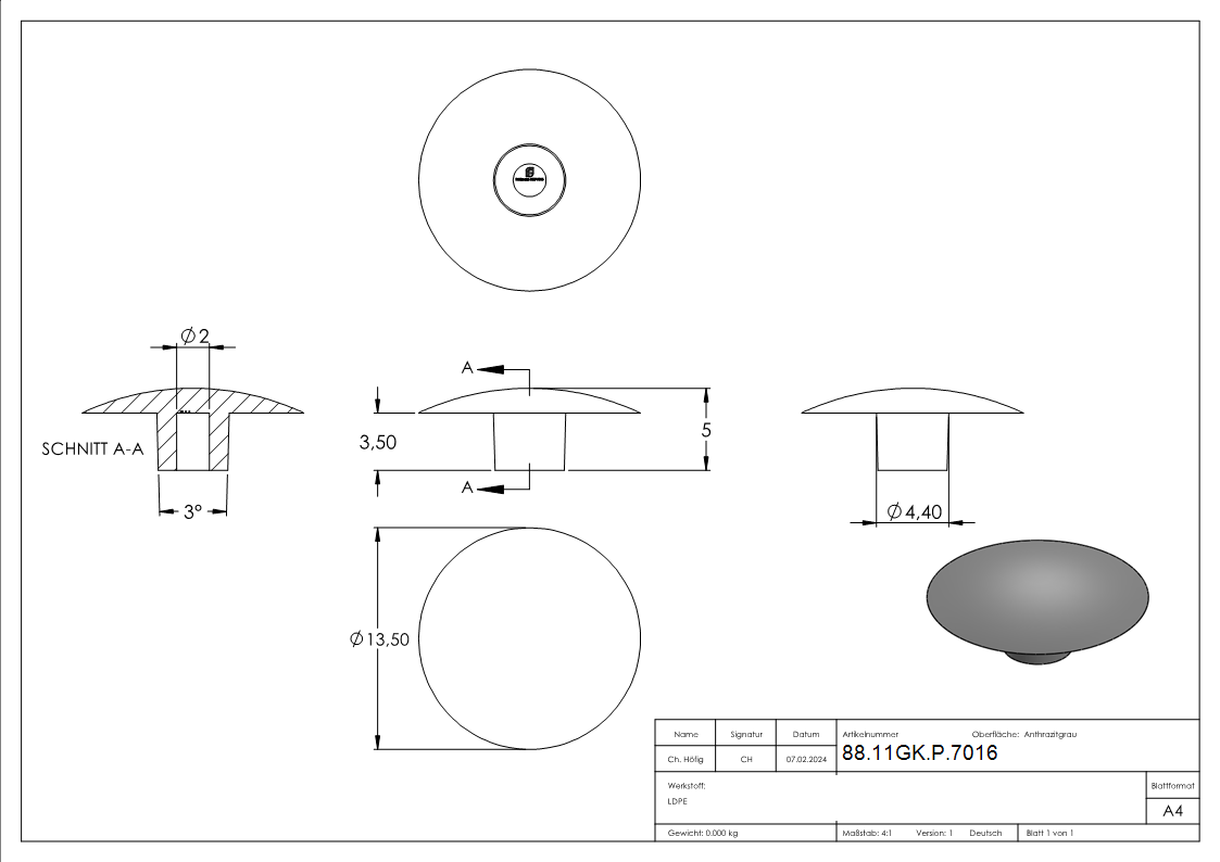 Plastikkappe Kunststoff fuer Innensechskantschraube M6 RAL 7016-88-11GK-P.7016