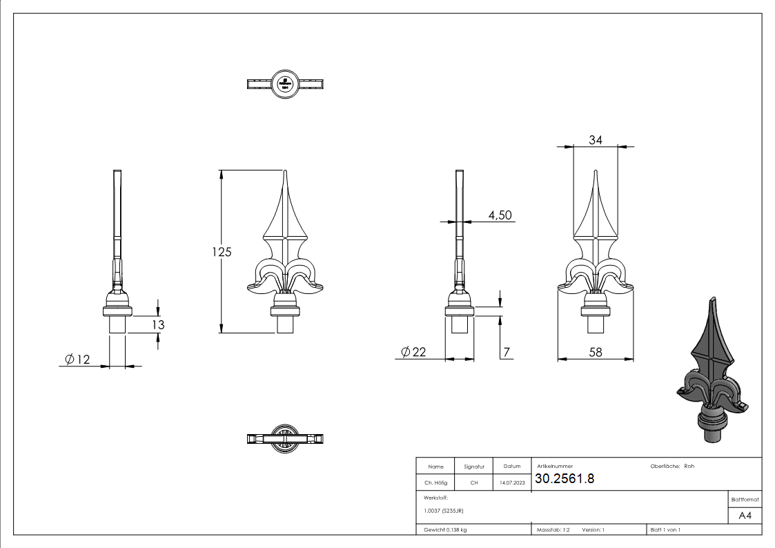 Zaunspitze - Hoehe- 125 mm - Material- Ø 12 mm - Stahl S235JR- roh-30-2561.8