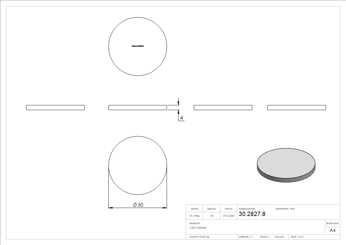 Ronde - Ø 50x4 mm - Stahl S235JR- roh-30-2827.8