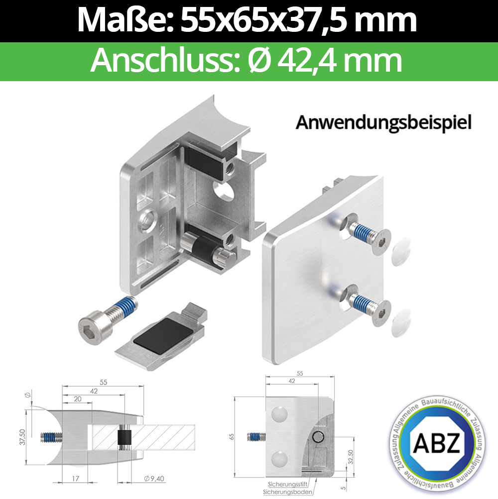 Glasklemme AbZ 55x65x37-5 mm  Ø 42-4 mm- fuer 13-52 mm VSG Glas- Nein - Ohne Sicherungsstift- Nein - Ohne Sicherungsboden-10-MODELL35-42-15-1.1