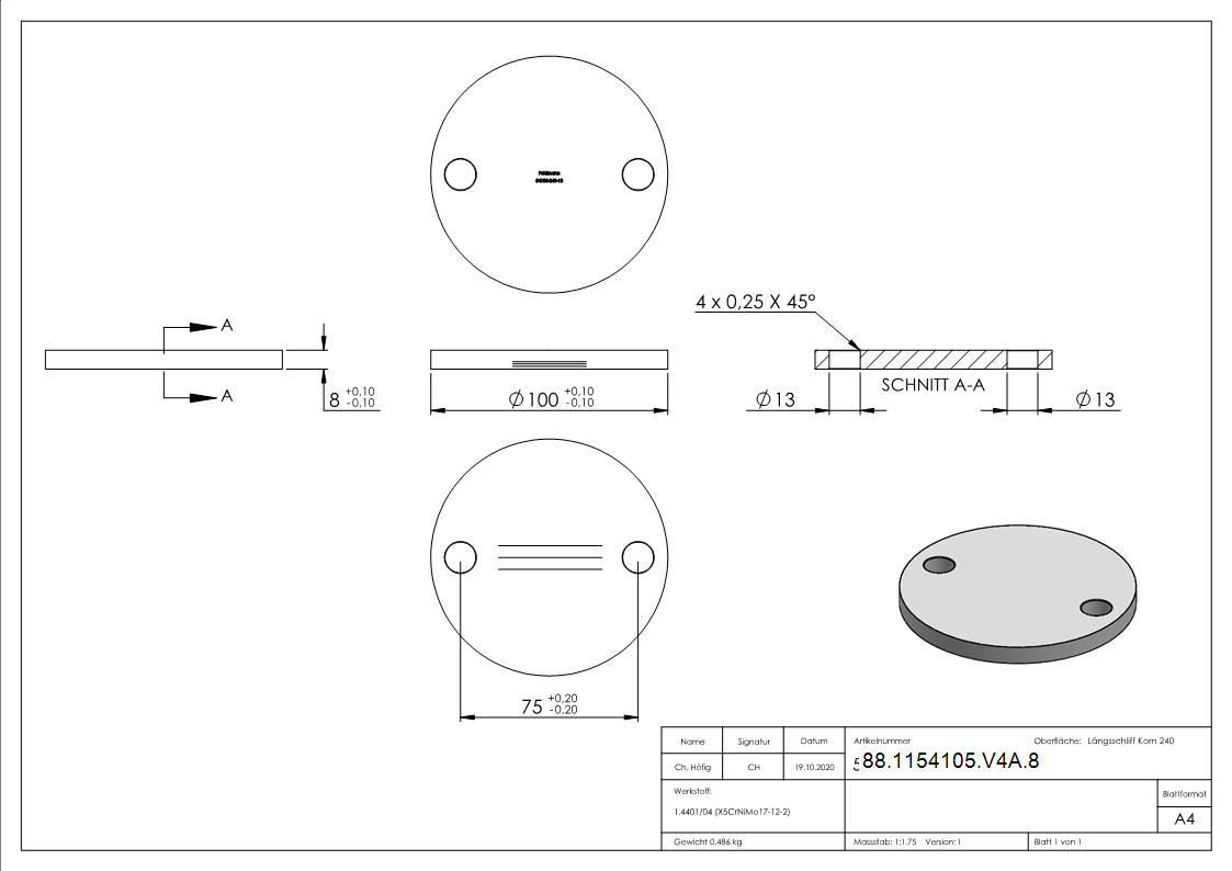 Ankerplatte Ø 100 x 8mm- mit Laengsschliff- V4A-88-1154105-V4A.8