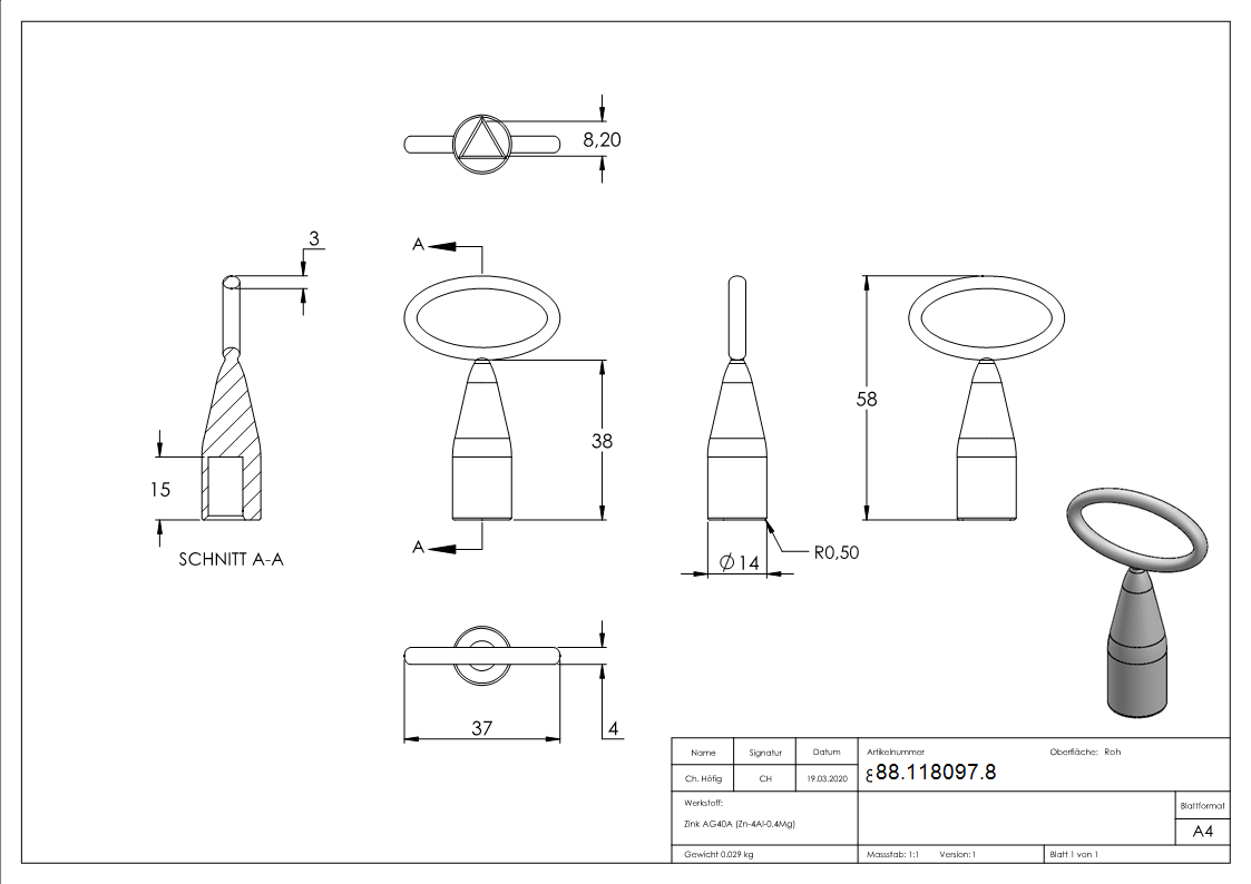 Dreikantschluessel Zinkdruckguss fuer Dreikant 8mm-88-118097.8