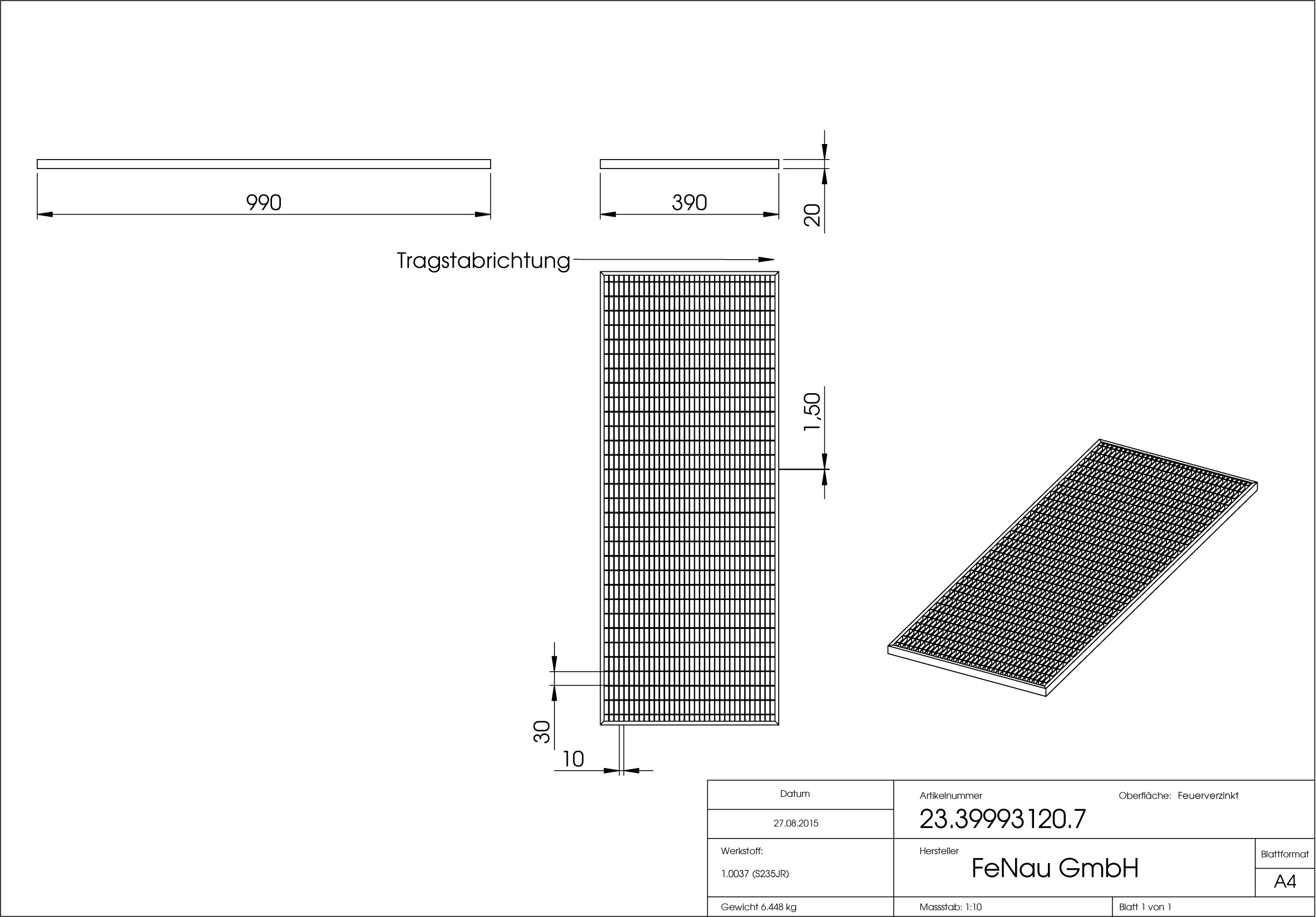 Lichtschachtrost Baunormrost - Masse-  390x990x20 mm 30-10 mm - aus S235JR -St37-2- im Vollbad feuerverzinkt-23-39993120.7